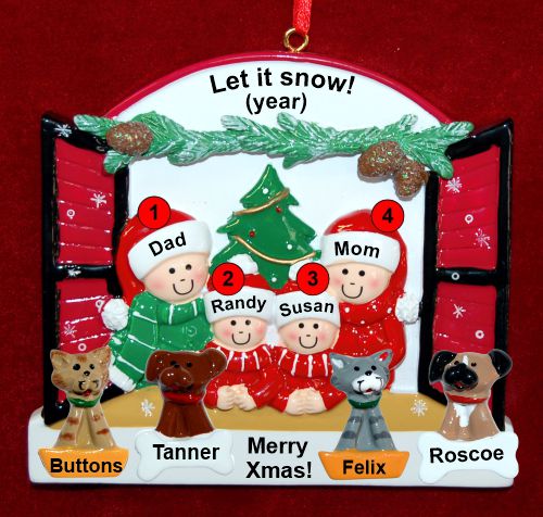 Family of 4 Christmas Ornament Holiday Window with up to 4 Dogs, Cats, Pets Custom Add-ons Personalized by RussellRhodes.com