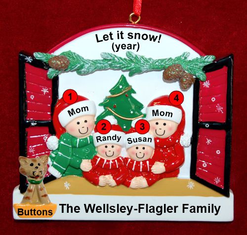 Lesbian Family of 4 Christmas Ornament Holiday Window with 1 Dog, Cat, Pets Custom Add-on Personalized by RussellRhodes.com