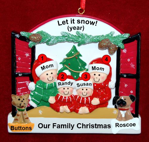 Lesbian Family of 4 Christmas Ornament Holiday Window with up to 2 Dogs, Cats, Pets Custom Add-ons Personalized by RussellRhodes.com