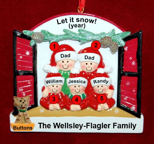 Gay Family of 5 Christmas Ornament Holiday Window with 1 Dog, Cat, Pets Custom Add-on Personalized by RussellRhodes.com