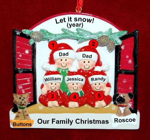 Gay Family of 5 Christmas Ornament Holiday Window with up to 2 Dogs, Cats, Pets Custom Add-ons Personalized by RussellRhodes.com