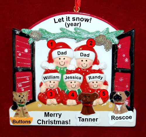 Gay Family of 5 Christmas Ornament Holiday Window with up to 3 Dogs, Cats, Pets Custom Add-ons Personalized by RussellRhodes.com