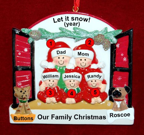 Family of 5 Christmas Ornament Holiday Window with up to 2 Dogs, Cats, Pets Custom Add-ons Personalized by RussellRhodes.com