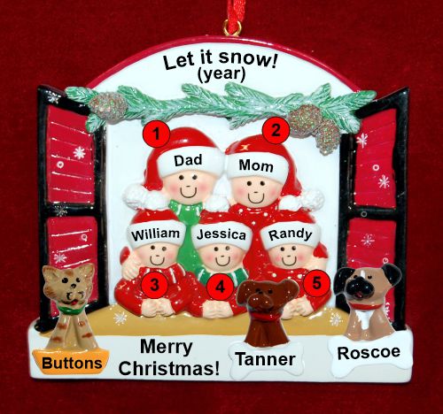 Family of 5 Christmas Ornament Holiday Window with up to 3 Dogs, Cats, Pets Custom Add-ons Personalized by RussellRhodes.com