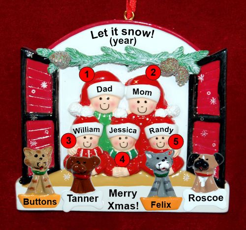 Family of 5 Christmas Ornament Holiday Window with up to 4 Dogs, Cats, Pets Custom Add-ons Personalized by RussellRhodes.com