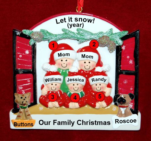 Lesbian Family of 5 Christmas Ornament Holiday Window with up to 2 Dogs, Cats, Pets Custom Add-ons Personalized by RussellRhodes.com