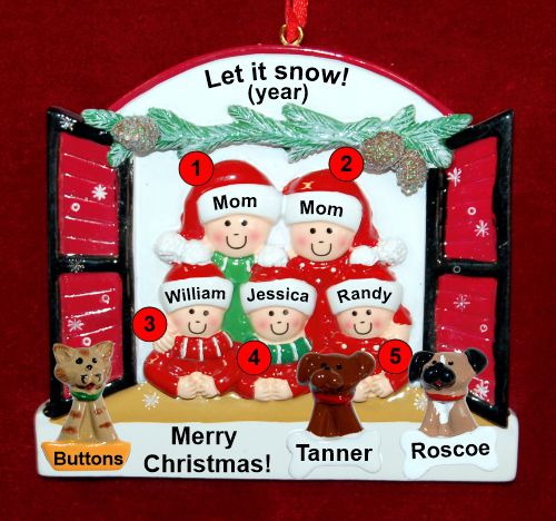 Lesbian Family of 5 Christmas Ornament Holiday Window with up to 3 Dogs, Cats, Pets Custom Add-ons Personalized by RussellRhodes.com