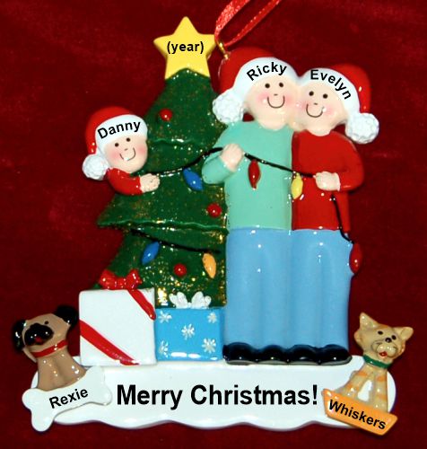 Family Christmas Ornament Celebration Lights for 3 with Pets Personalized by RussellRhodes.com