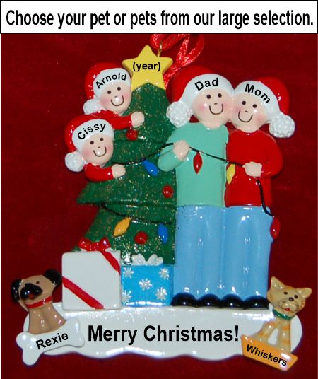Family of 4 Christmas Ornament Celebration Lights with Pets Personalized by RussellRhodes.com