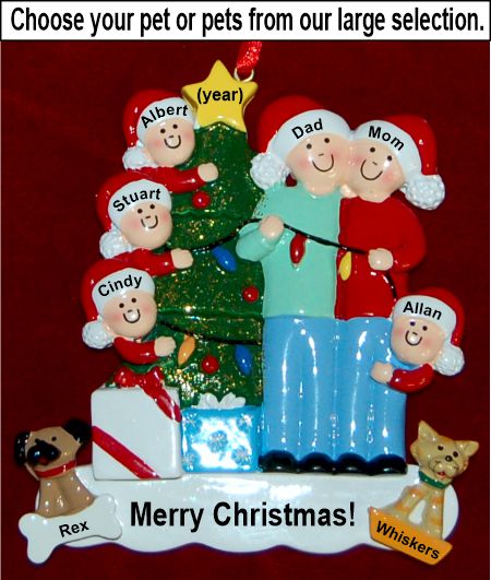 Family of 6 Christmas Ornament Celebration Lights with Pets Personalized by RussellRhodes.com