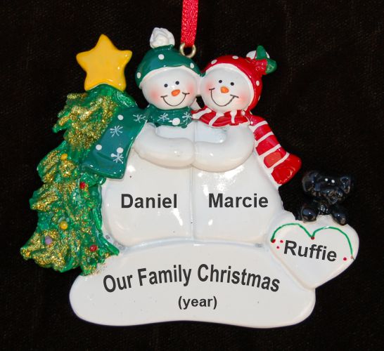 Personalized Snow Couple Together + Black Dog Christmas Ornament by Russell Rhodes