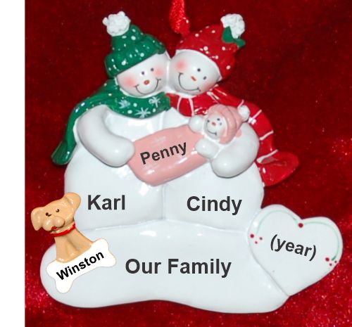 Snow Couple with Baby Girl Christmas Ornament with Pets Personalized by Russell Rhodes