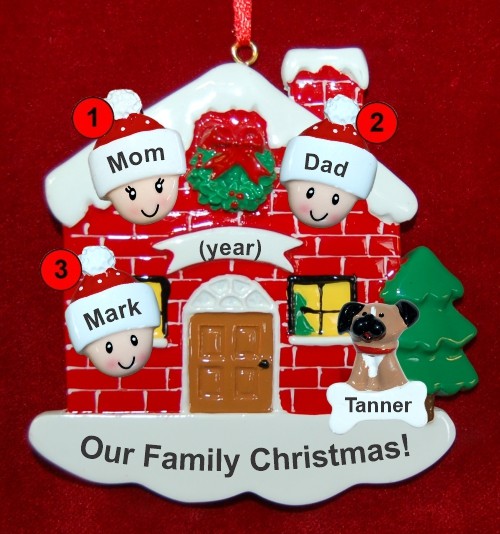 Family of 3 Christmas Ornament Home for the Holidays with 1 Dog, Cat, Pets Custom Add-ons Personalized by RussellRhodes.com