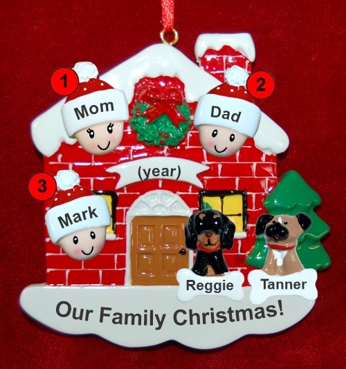 Family of 3 Christmas Ornament Home for the Holidays with 2 Dogs, Cats, Pets Custom Add-ons Personalized by RussellRhodes.com