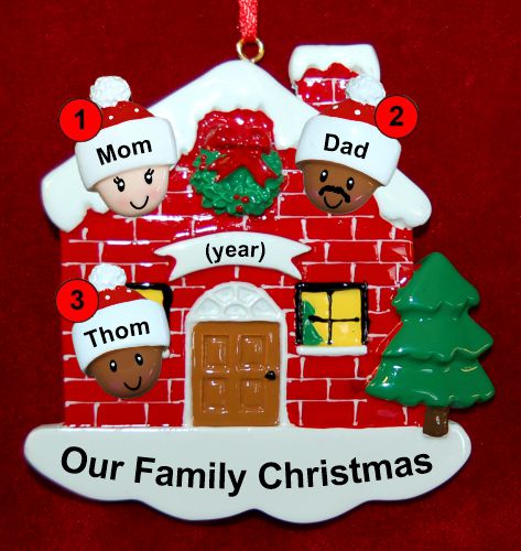 Mixed Race Family of 3 Christmas Ornament Home for the Holidays Personalized by RussellRhodes.com