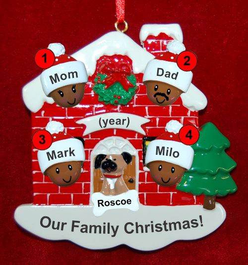 Black Family of 4 Christmas Ornament Home for the Holidays with 1 Dog, Cat, Pets Custom Add-ons Personalized by RussellRhodes.com