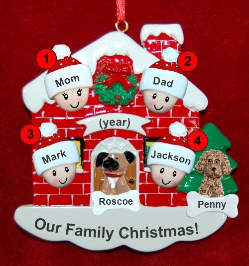 Family of 4 Christmas Ornament Home for the Holidays with 2 Dogs, Cats, Pets Custom Add-ons Personalized by RussellRhodes.com