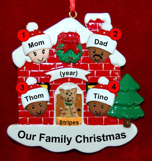 Mixed Race Family of 4 Christmas Ornament Home for the Holidays with 1 Dog, Cat, Pets Custom Add-ons Personalized by RussellRhodes.com