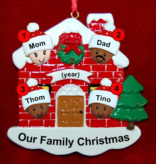 Mixed Race Family of 4 Christmas Ornament Home for the Holidays Personalized by RussellRhodes.com