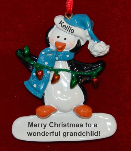Christmas Penguin with Lights for Grandchild Christmas Ornament Personalized by Russell Rhodes