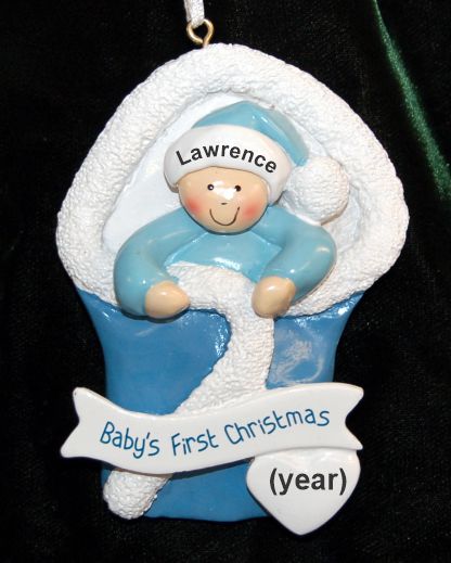 Baby Boy Christmas Ornament Swaddled in Blue Personalized by RussellRhodes.com