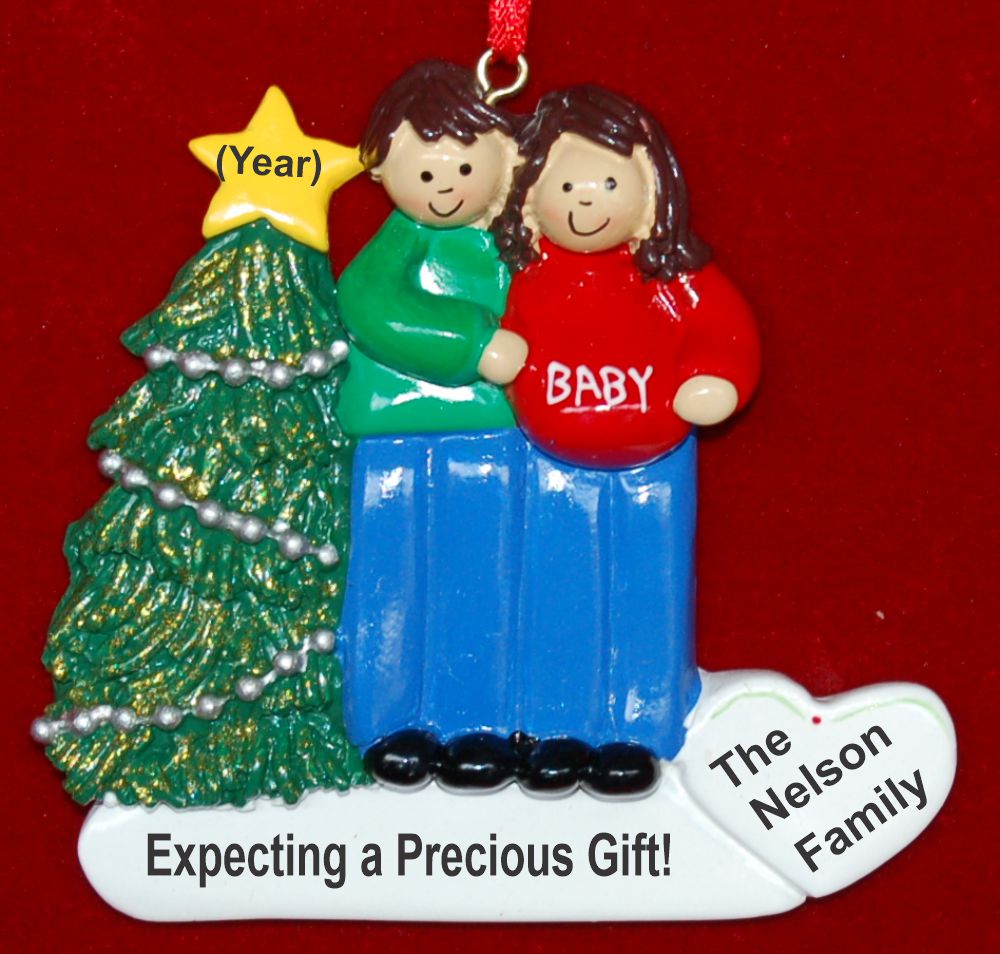 Excited & Expecting Couple Both Brown Christmas Ornament Personalized by RussellRhodes.com