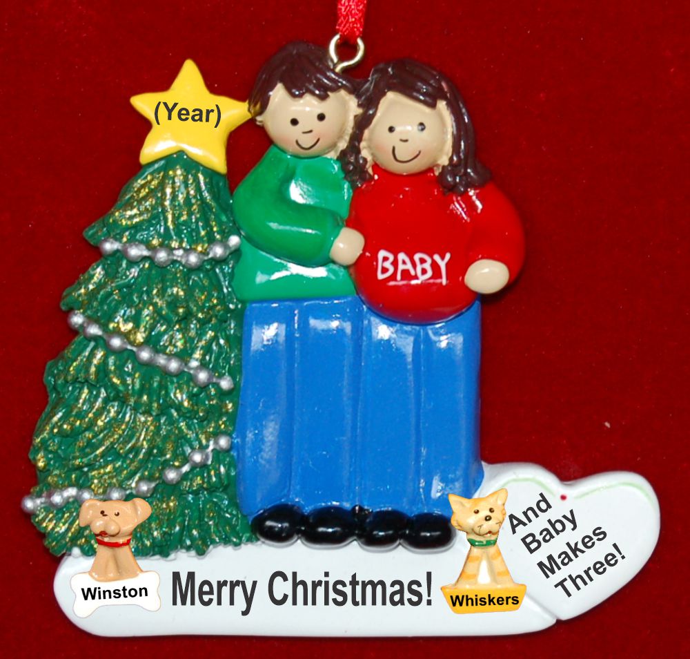 Excited & Expecting Couple Both Brown Christmas Ornament with Pets Personalized by Russell Rhodes