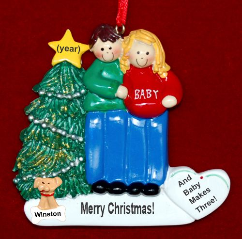 Expecting Couple Christmas Ornament Male Brunette Female Blond with Pets Personalized by RussellRhodes.com