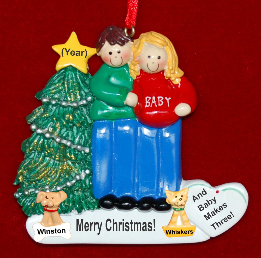 Excited & Expecting Couple MBR FBL Christmas Ornament with Pets Personalized by RussellRhodes.com