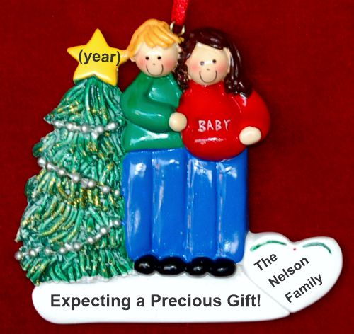 Expecting Couple Christmas Ornament Male Blond Female Brunette Personalized by RussellRhodes.com