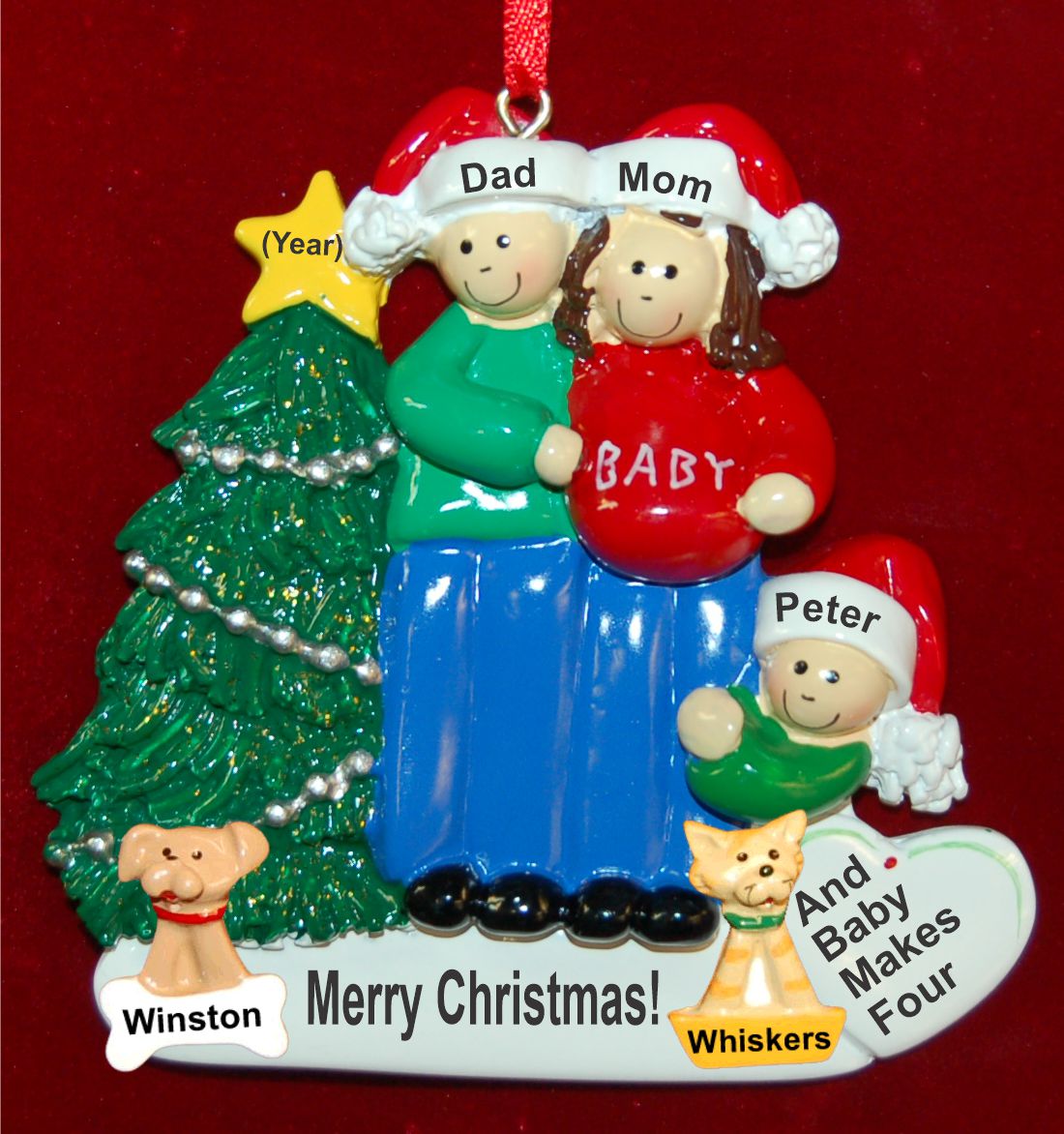 Excited & Expecting Couple Man in Hat Female Brunette Christmas Ornament with Pets Personalized by RussellRhodes.com