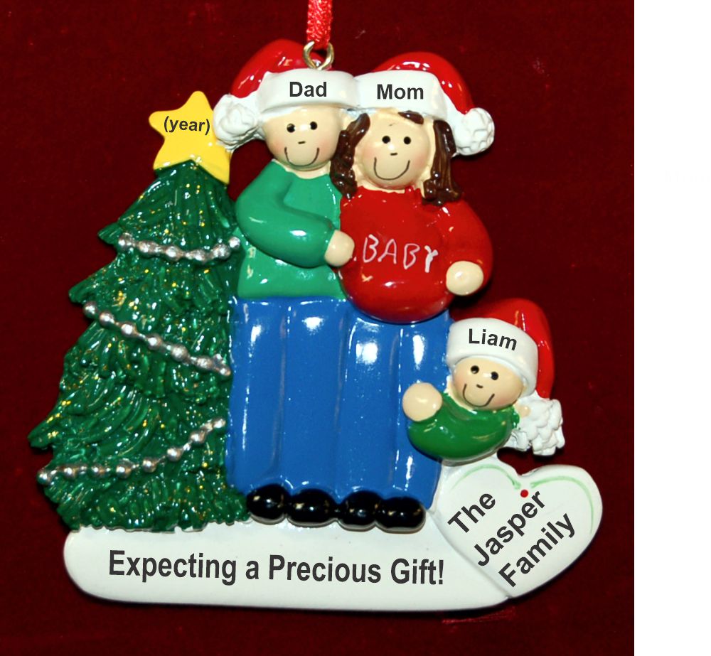 Excited & Expecting Couple Christmas Ornament 1 Child Both Parents Brunette Personalized by Russell Rhodes