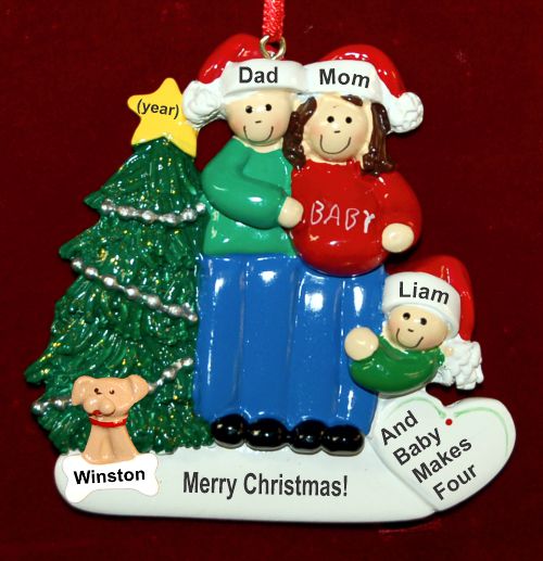 Family of 3 Pregnant Expecting 2nd Child Christmas Ornament Both Parents Brunette with Pets Personalized by RussellRhodes.com