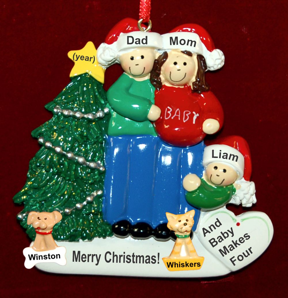 Excited & Expecting Couple 1 Child Both Parents Brunette Christmas Ornament with Pets Personalized by Russell Rhodes