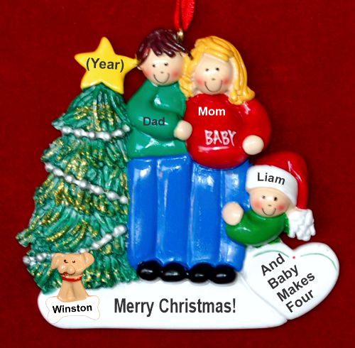 Family of 3 Pregnant Expecting 2nd Child Personalized Christmas Ornament Male Brunette Female Blond with Pets Personalized by RussellRhodes.com