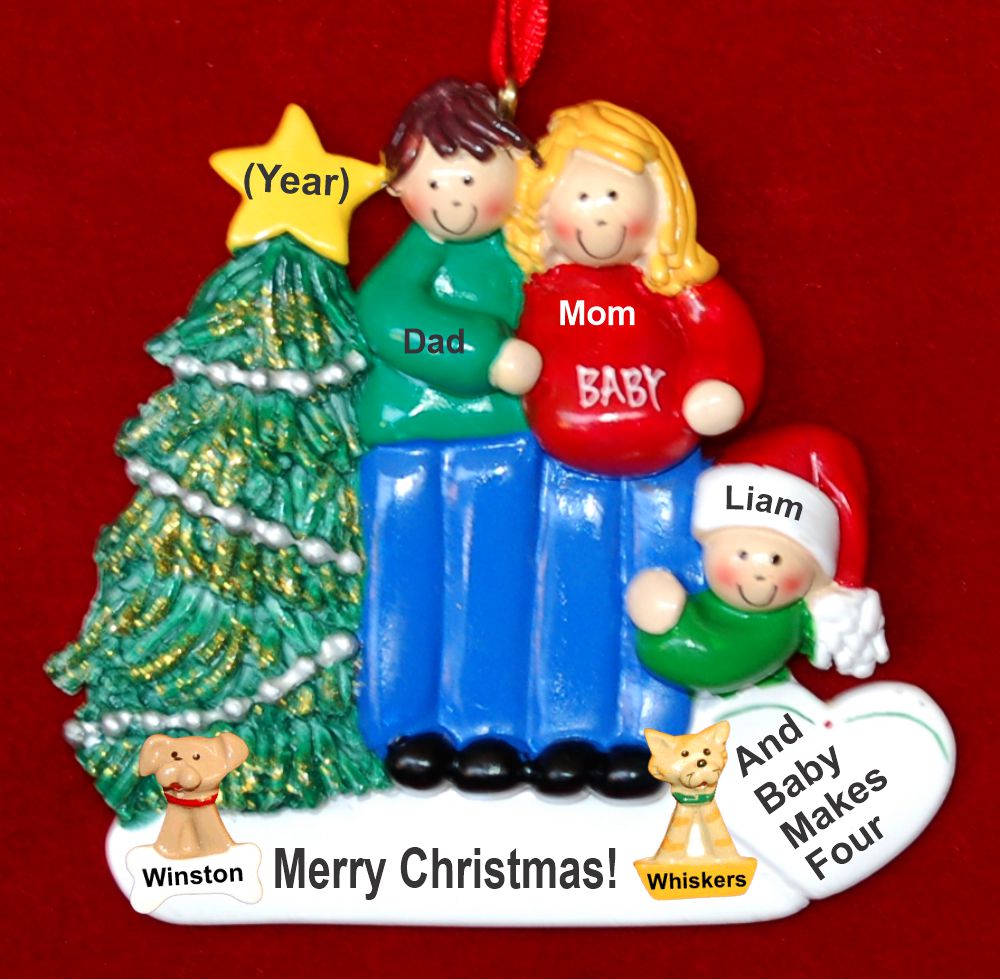Excited & Expecting Couple 1 Child MBR FBL Christmas Ornament with Pets Personalized by RussellRhodes.com