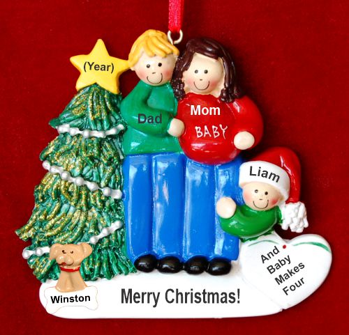 Family of 3 Pregnant Expecting 2nd Child Christmas Ornament Male Blond Female Brunette with Pets Personalized by RussellRhodes.com