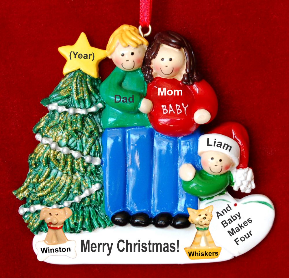 Excited & Expecting Couple 1 Child MBL FBR Christmas Ornament with Pets Personalized by Russell Rhodes