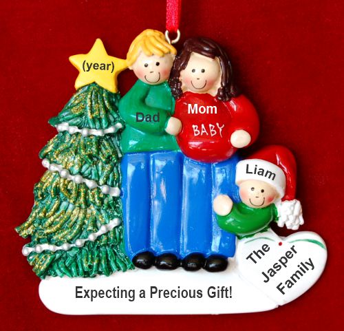 Family of 3 Pregnant Expecting 2nd Child Christmas Ornament Male Blond Female Brunette Personalized by RussellRhodes.com