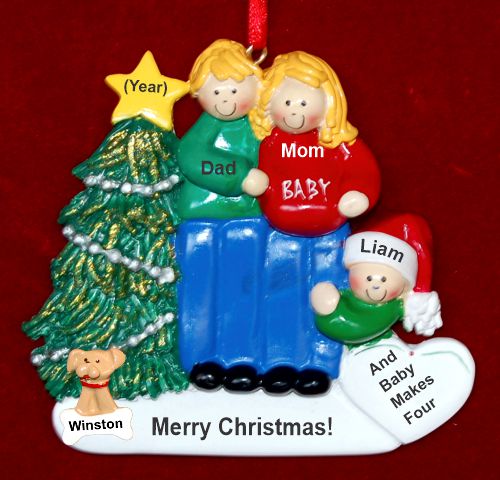 Family of 3 Pregnant Expecting 2nd Child Christmas Ornament Both Blond with Pets Personalized by RussellRhodes.com