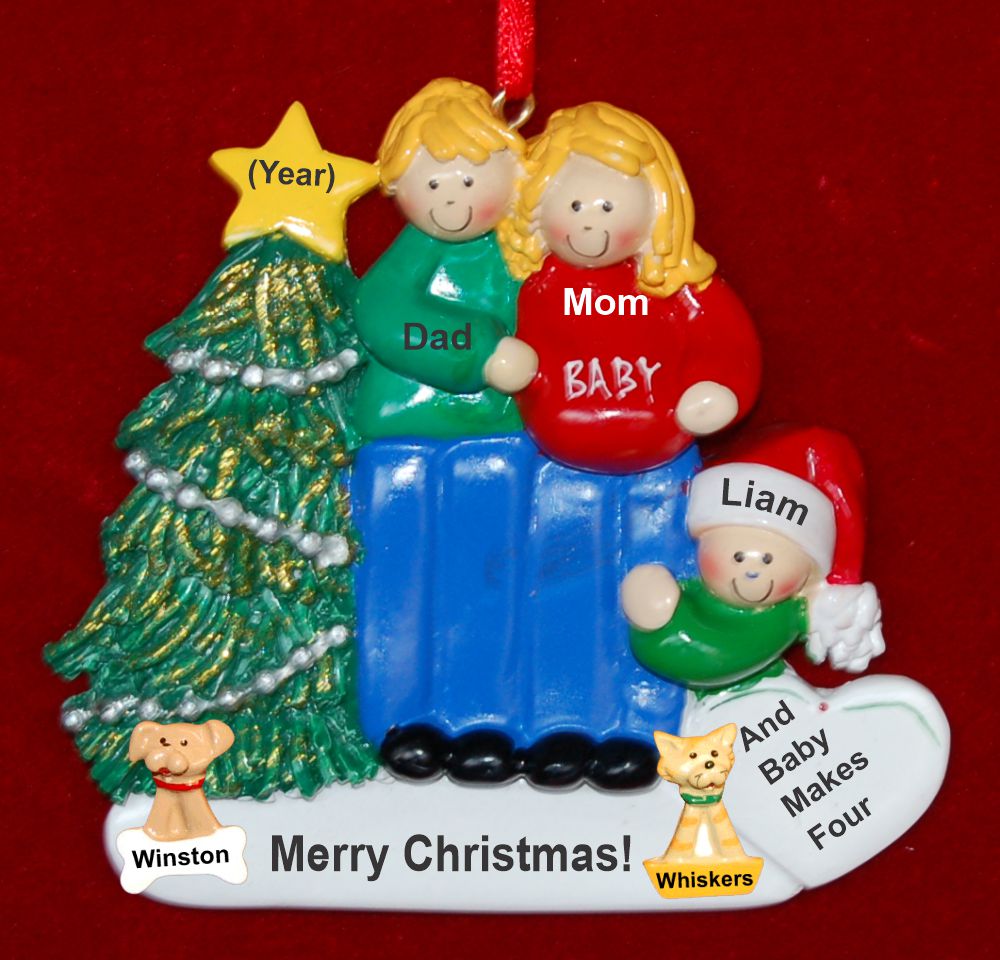Excited & Expecting Couple 1 Child both Blond Christmas Ornament with Pets Personalized by Russell Rhodes