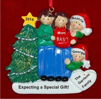 Excited & Expecting Couple 2 kids both Brown Personalized Christmas Ornament Personalized by Russell Rhodes