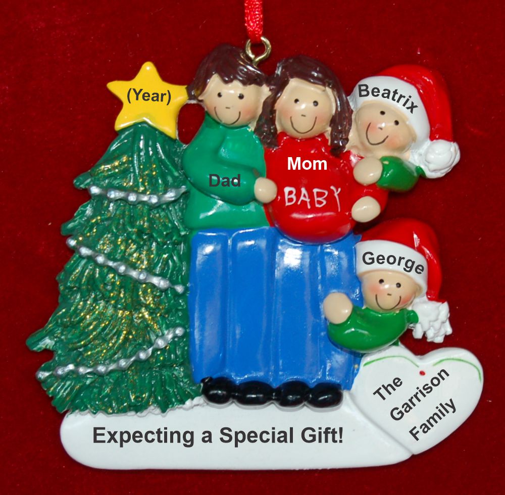 Excited & Expecting Couple 2 kids both Brown Personalized Christmas Ornament Personalized by RussellRhodes.com