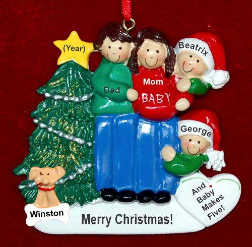 Family of 4 Pregnant Expecting 3rd Child Christmas Ornament Both Brunette with Pets Personalized by RussellRhodes.com