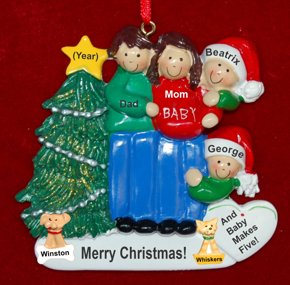 Excited & Expecting Couple 2 kids both Brown Christmas Ornament with Pets Personalized by Russell Rhodes