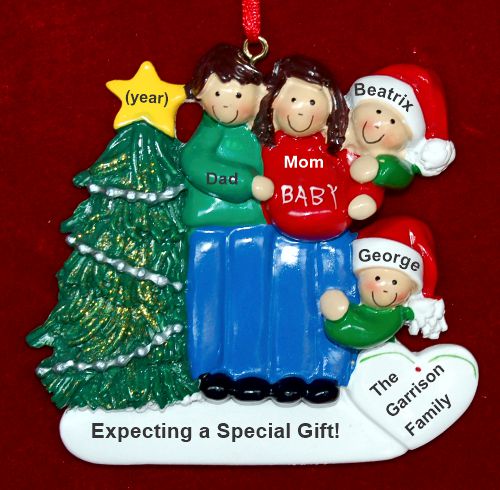 Family of 4 Pregnant Expecting 3rd Child Personalized Christmas Ornament Both Brunette Personalized by RussellRhodes.com