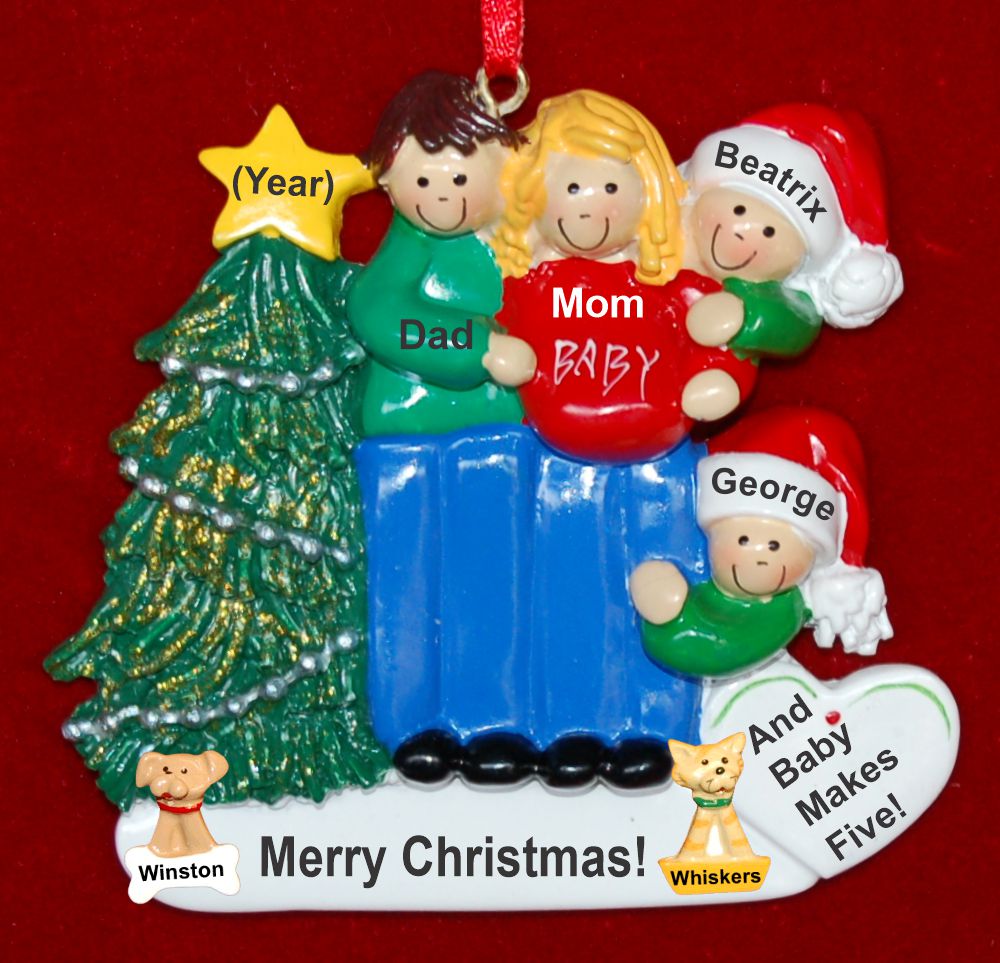 Excited & Expecting Couple 2 kids MBR FBL Christmas Ornament with Pets Personalized by Russell Rhodes