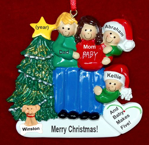 Family of 4 Pregnant Expecting 3rd Child Christmas Ornament Male Blond Female Brunette with Pets Personalized by RussellRhodes.com