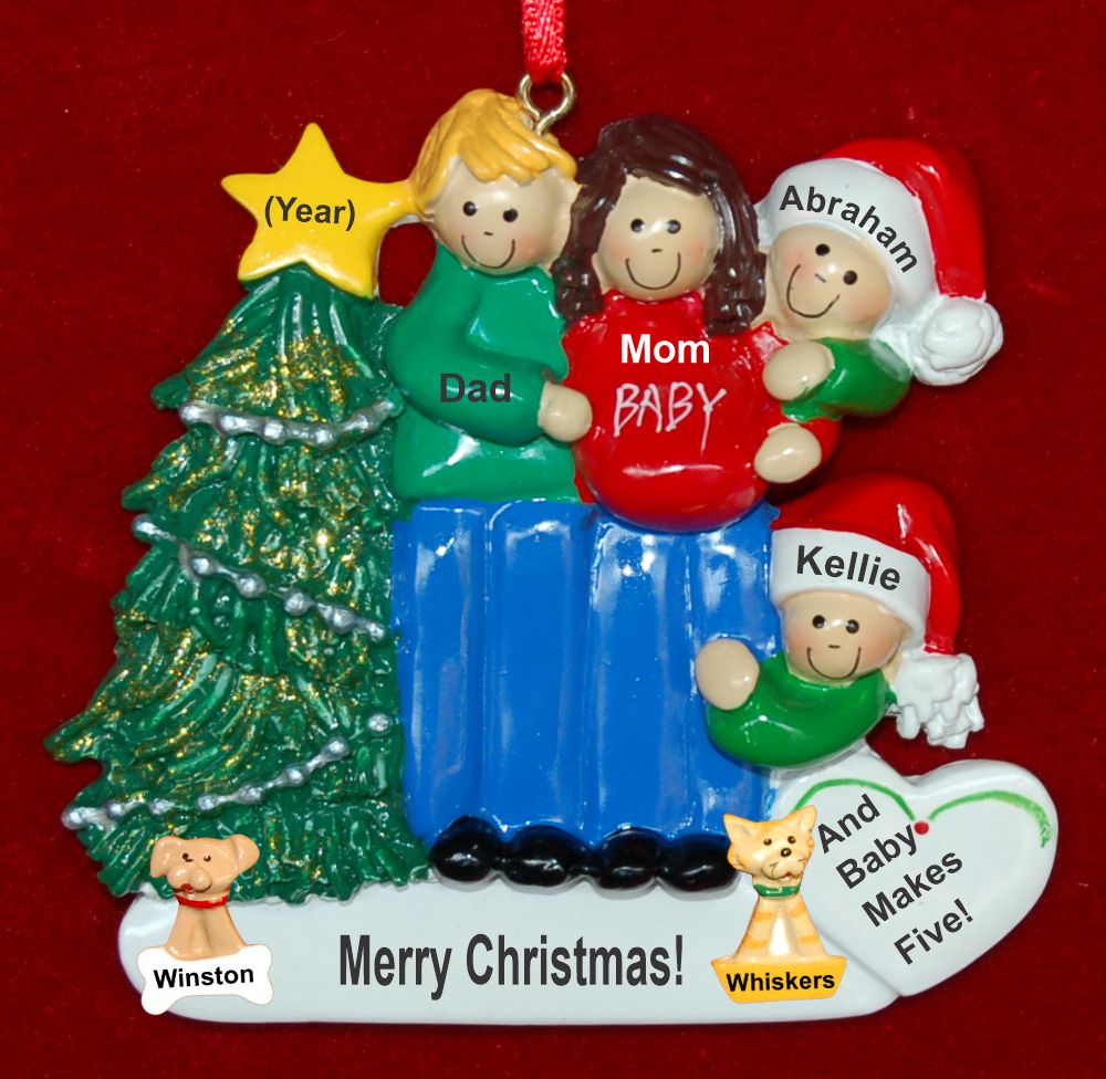 Excited & Expecting Couple 2 kids MBL FBR Christmas Ornament with Pets Personalized by Russell Rhodes