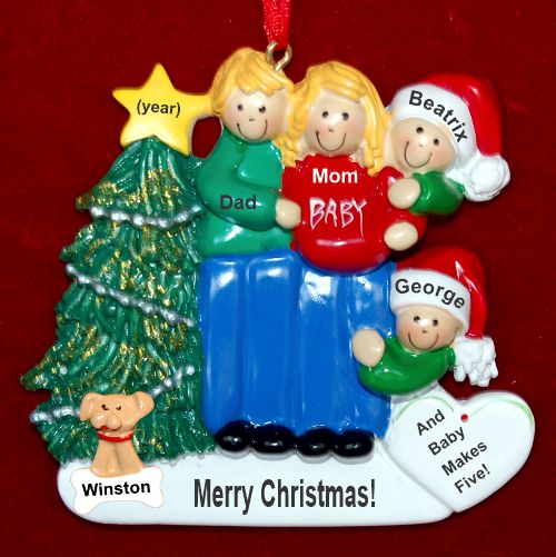 Family of 4 Pregnant Expecting 3rd Child Christmas Ornament Both Blond with Pets Personalized by RussellRhodes.com